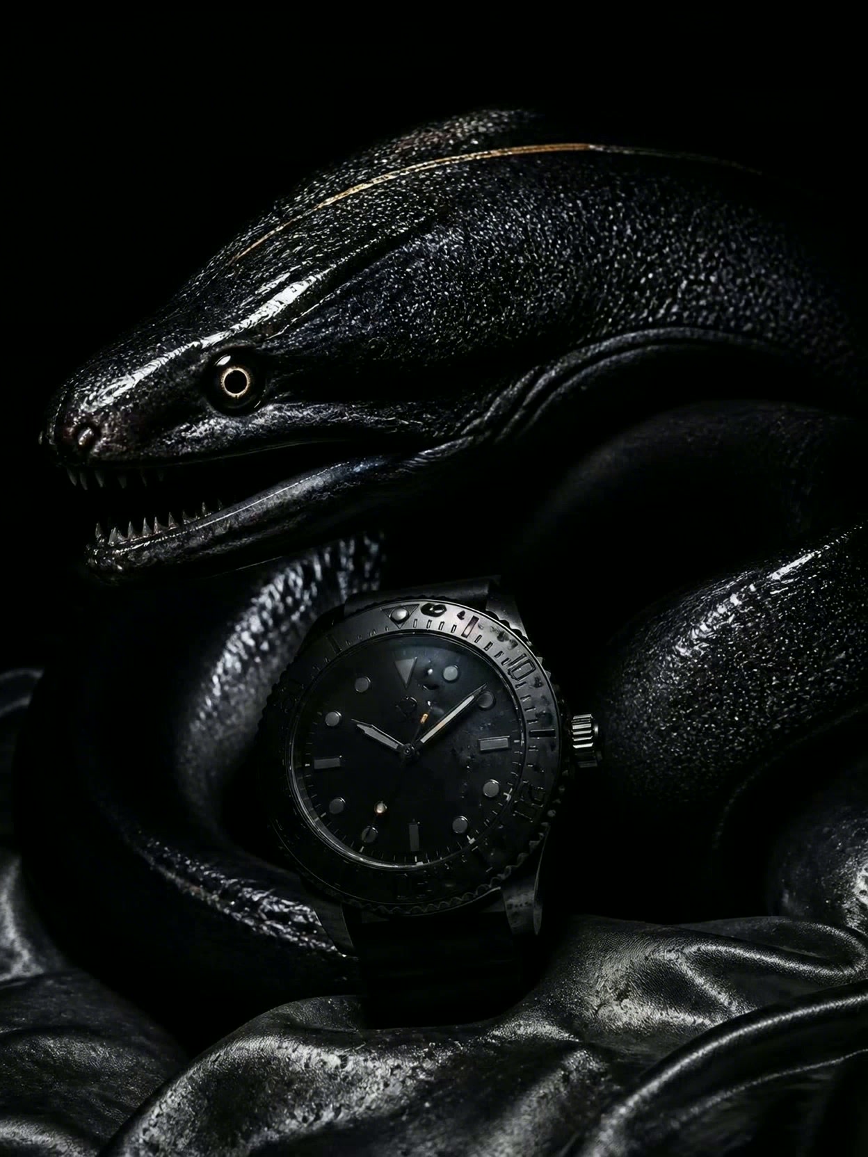 Black moray eel guarding the Abyss Diver